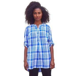 Ellos ���f�B�[�X �g�b�v�X T�V���c �����b�N�X�t�B�b�g �v���X�T�C�Y �R�b�g�� ellos Plusize Three-Quarter Sleeve Roll Tab Relaxed Fit 100% Cotton Henley Tunic Blue Plaid �u���[