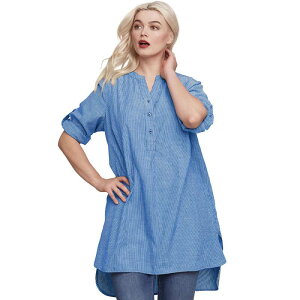 Ellos ���f�B�[�X �g�b�v�X T�V���c �����b�N�X�t�B�b�g �v���X�T�C�Y �R�b�g�� ellos Plusize Three-Quarter Sleeve Roll Tab Relaxed Fit 100% Cotton Henley Tunic Ultramarine Stripe �X�g���C�v