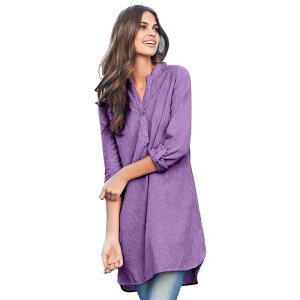 Ellos ���f�B�[�X �g�b�v�X T�V���c �����b�N�X�t�B�b�g �v���X�T�C�Y �R�b�g�� ellos Plusize Three-Quarter Sleeve Roll Tab Relaxed Fit 100% Cotton Henley Tunic Violet Bloom Stripe �o�C�I���b�g