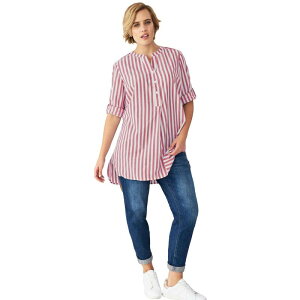 Ellos ���f�B�[�X �g�b�v�X T�V���c �����b�N�X�t�B�b�g �v���X�T�C�Y �R�b�g�� ellos Plusize Three-Quarter Sleeve Roll Tab Relaxed Fit 100% Cotton Henley Tunic Washed Rose Stripe �X�g���C�v