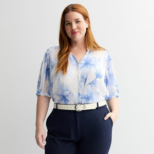 �i�C���E�F�X�g ���f�B�[�X �g�b�v�X �V���c �v���X�T�C�Y �t���� �_�E�� Plusize Nine West Ruffle Button-Down Shirt Blue Maddie Floral �u���[