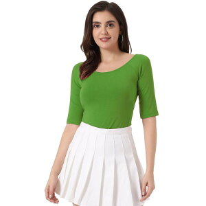 �A���O�� �P�[ ���f�B�[�X �g�b�v�X �V���c ALLEGRA K Women's Half Sleevescoop Neck Fitted Layering Top T-Shirt Grass Green �O���[��