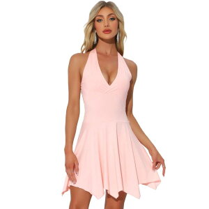 �A���O�� �P�[ ���f�B�[�X �g�b�v�X �����s�[�X V�l�b�N �~�j �m�[�X���[�u �z���^�[ ALLEGRA K Women's Halter Deep V Neck Sleevelesskater Mini Dress Light Pink �s���N
