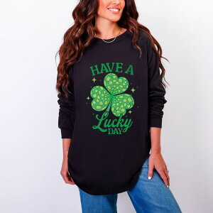 Simply Sage Market ���f�B�[�X �g�b�v�X T�V���c �O���t�B�b�N Simply Sage Market Have A Lucky Day Disco Distressed - Women's Garment Dyed Long Sleeve Graphic T-Shirt Black �u���b�N