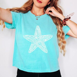 Simply Sage Market ���f�B�[�X �g�b�v�X T�V���c �O���t�B�b�N Simply Sage Market Starfish Mandala - Women's Boxy Crop Top Graphic T-Shirt Chalky Mint �~���g