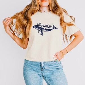 Simply Sage Market ���f�B�[�X �g�b�v�X T�V���c �O���t�B�b�N Simply Sage Market All Is Whale Sketched - Women's Boxy Crop Top Graphic T-Shirt Ivory �A�C�{���[