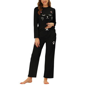 cheibear ���f�B�[�X �A���_�[�E�F�A �i�C�g�E�F�A �v�����g �p���c cheibear Women's Pajamas Nightwear Cute Cat Printops and Pantsleepwear Lounge Sets Black �u���b�N