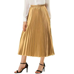 �A���O�� �P�[ ���f�B�[�X �{�g���X�J�[�g �v���[�c �~�f�B �g�[�� ALLEGRA K Women's Elastic Waist Metallic Shiny Accordion Pleated Midi Skirt Gold �S�[���h