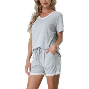 cheibear ���f�B�[�X �A���_�[�E�F�A �i�C�g�E�F�A �V���[�g�p���c cheibear Women'sleepwear Lounge Soft Nightwear With Pocketshortsleeve Pajama Set Gray �O���[