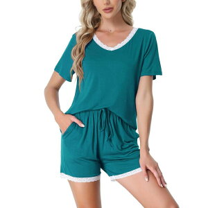 cheibear ���f�B�[�X �A���_�[�E�F�A �i�C�g�E�F�A �V���[�g�p���c cheibear Women'sleepwear Lounge Soft Nightwear With Pocketshortsleeve Pajama Set Peacock Green �O���[��