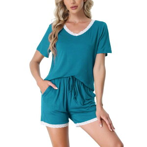 cheibear ���f�B�[�X �A���_�[�E�F�A �i�C�g�E�F�A �V���[�g�p���c cheibear Women'sleepwear Lounge Soft Nightwear With Pocketshortsleeve Pajama Set Peacoke Blue �u���[