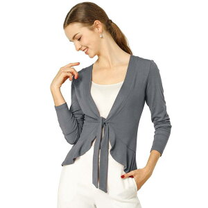 �A���O�� �P�[ ���f�B�[�X �A�E�^�[ �j�b�g�E�Z�[�^�[ �t���� �g�[�� �J�[�f�B�K�� ALLEGRA K Women's Tie Open Front Long Sleeve Knit Metallic Ruffled Crop Cardigan Grey �O���[