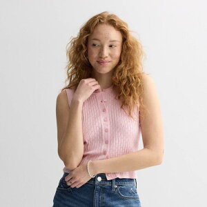�}�b�f���K�[�� ���f�B�[�X �g�b�v�X T�V���c �N���[�l�b�N �x�X�g Juniors' madden girl Crew Neck Button Front Pointelle Rib Vest Pale Pink �s���N