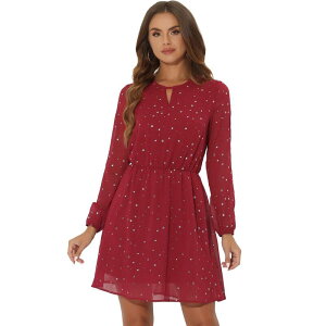 �A���O�� �P�[ ���f�B�[�X �g�b�v�X �����s�[�X V�l�b�N A ���C�� ALLEGRA K Women's Choker V Neck Long Sleeves Above Knee A Line Dress Dark Red Stars ���b�h