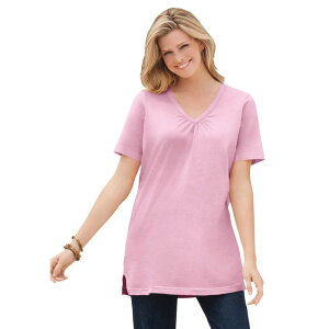 �E�[�}�� �E�B�Y�C�� ���f�B�[�X �g�b�v�X T�V���c V�l�b�N �v���X�T�C�Y ���� Woman Within Plusize Perfect Short-Sleeve Shirred V-Neck Tunic Pink �s���N