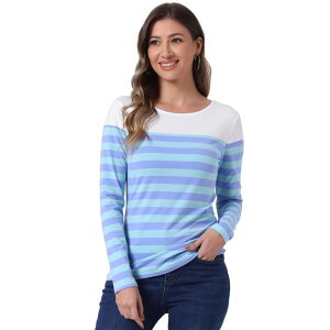 �A���O�� �P�[ ���f�B�[�X �g�b�v�X �V���c ALLEGRA K Women's Color Block Long Sleeve Striped Causal T-Shirt Dark Light Blue �u���[