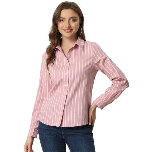 �A���O�� �P�[ ���f�B�[�X �g�b�v�X �V���c �{�^���_�E�� ALLEGRA K Women's Button Down Roll-up Long Sleeves Lapel Collar Shirts Pinks