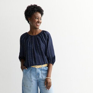 �\�m�} ���f�B�[�X �g�b�v�X �V���c �~�j Women'sonoma Goods For Life Shirred Feminine Top Navy Blue Dot Dye �l�C�r�[