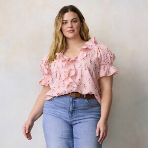 LC Lauren Conrad ���f�B�[�X �g�b�v�X �V���c �v���X�T�C�Y �t���� �u���E�X Plusize LC Lauren Conrad Ruffle Front Blouse With Tucks Pink Wildflower �s���N