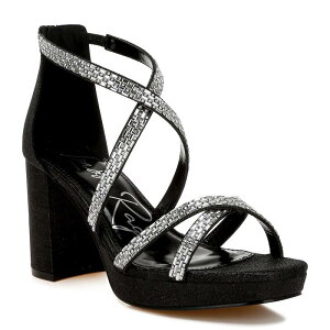�����h�����O ���f�B�[�X �V���[�Y �T���_�� �q�[�� London Rag Infatuated Women'strappy Rhinestones Block Heel Sandals Black �u���b�N