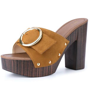 �A���O�� �P�[ ���f�B�[�X �V���[�Y �T���_�� �v���b�g�t�H�[�� �q�[�� ALLEGRA K Women's Buckle Chunky Higheelslip on Platform Sandals Brown �u���E��