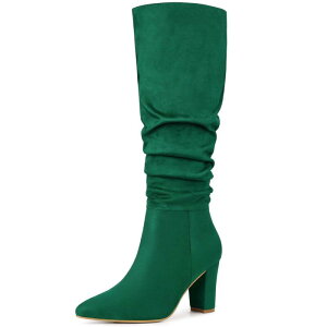 �A���O�� �P�[ ���f�B�[�X �V���[�Y �u�[�c�E���C���u�[�c �q�[�� ALLEGRA K Women'slouch Pointed Toe Chunky Heel Knee High Boots Green �O���[��