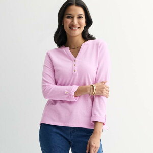�N���t�g���o���[ ���f�B�[�X �g�b�v�X �V���c Women's Croft & Barrow Long Sleeve Split Neck Henley Innocent Lilac ���C���b�N