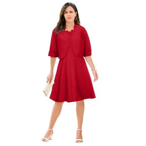 ���A�}���Y ���f�B�[�X �g�b�v�X �����s�[�X �v���X�T�C�Y �W���P�b�g Roaman's Women's Plusizelbow Sleeve Fit-And-Flare Dress With Bolero Jacket 2-Piece Suit Classic Red ���b�h