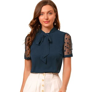 �A���O�� �P�[ ���f�B�[�X �g�b�v�X �V���c V�l�b�N ���b�V�� �u���E�X ALLEGRA K Women's Bow Tie Neck V Neck Stand Collar Short Mesh Sleeve Blouse Navy Blue �l�C�r�[