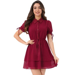 �A���O�� �P�[ ���f�B�[�X �g�b�v�X �����s�[�X ALLEGRA K Women's Collar Short Sleeve Drawstring Layeredress Dark Red ���b�h