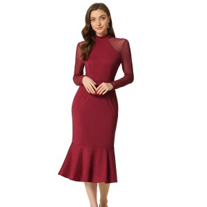 �A���O�� �P�[ ���f�B�[�X �g�b�v�X �����s�[�X ���b�V�� �V�A�[ ALLEGRA K Womens Elegant Long Sleeve Mesheer Mermaidress Deep Red ���b�h
