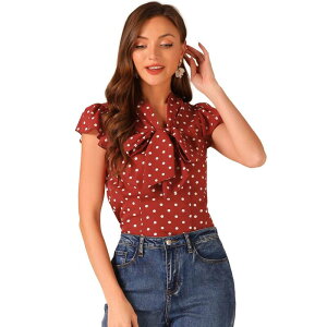 �A���O�� �P�[ ���f�B�[�X �g�b�v�X �V���c V�l�b�N �h�b�g �t���� �L���b�v �u���E�X ALLEGRA K Women'summer Polka Dots Top Bow Tie V Neck Ruffled Cap Sleeve Office Blouse Red ���b�h