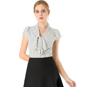 �A���O�� �P�[ ���f�B�[�X �g�b�v�X �V���c V�l�b�N �h�b�g �t���� �L���b�v �u���E�X ALLEGRA K Women'summer Polka Dots Top Bow Tie V Neck Ruffled Cap Sleeve Office Blouse White �z���C�g