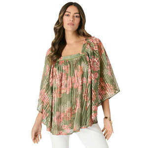 ���A�}���Y ���f�B�[�X �g�b�v�X �V���c �v���X�T�C�Y �u���E�X Roaman's Women's Plusize Square Neck Lurex Blouse Olive Safari Blooms �I���[�u