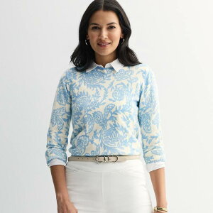 �N���t�g���o���[ ���f�B�[�X �A�E�^�[ �j�b�g�E�Z�[�^�[ �v�` �v�����g Petite Croft & Barrow Printed Three Quarter Sleeve Pullover Sweater Cream Stamped Paisley �N���[��
