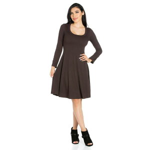 24 �Z�u���R���t�H�[�g ���f�B�[�X �g�b�v�X �����s�[�X �~�j Women's 24seven Comfort Apparel Classic Scoopneck Long Sleeve Flared Mini Dress Brown �u���E��
