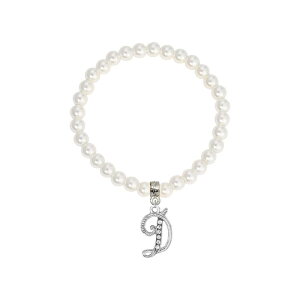 1928 ���f�B�[�X �A�N�Z�T���[ �u���X���b�g�E�o���O���E�A���N���b�g 1928 White Simulated Pearl Bead Initial Charm Stretch Bracelet D �z���C�g