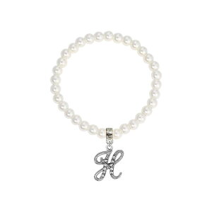 1928 ���f�B�[�X �A�N�Z�T���[ �u���X���b�g�E�o���O���E�A���N���b�g 1928 White Simulated Pearl Bead Initial Charm Stretch Bracelet H �z���C�g