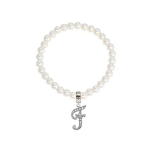 1928 ���f�B�[�X �A�N�Z�T���[ �u���X���b�g�E�o���O���E�A���N���b�g 1928 White Simulated Pearl Bead Initial Charm Stretch Bracelet J �z���C�g