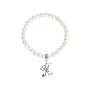 1928 ���f�B�[�X �A�N�Z�T���[ �u���X���b�g�E�o���O���E�A���N���b�g 1928 White Simulated Pearl Bead Initial Charm Stretch Bracelet K �z���C�g
