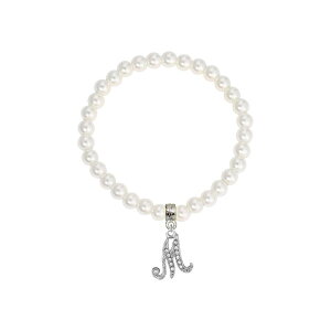 1928 ���f�B�[�X �A�N�Z�T���[ �u���X���b�g�E�o���O���E�A���N���b�g 1928 White Simulated Pearl Bead Initial Charm Stretch Bracelet M �z���C�g