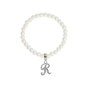 1928 ���f�B�[�X �A�N�Z�T���[ �u���X���b�g�E�o���O���E�A���N���b�g 1928 White Simulated Pearl Bead Initial Charm Stretch Bracelet R �z���C�g