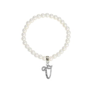 1928 ���f�B�[�X �A�N�Z�T���[ �u���X���b�g�E�o���O���E�A���N���b�g 1928 White Simulated Pearl Bead Initial Charm Stretch Bracelet V �z���C�g