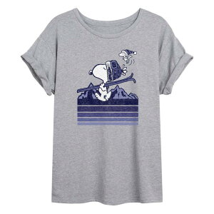 �A�j���L�����N�^�[ ���f�B�[�X �g�b�v�X T�V���c Licensed Character Juniors' Peanutsnoopy & Woodstock Ski Stripes Oversized Tee Gray �O���[