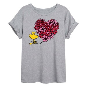 �A�j���L�����N�^�[ ���f�B�[�X �g�b�v�X T�V���c �t�����[�� �t�����[ Licensed Character Juniors' Peanuts Woodstock Valentine's Day Floral Heart Oversized Tee Gray �O���[