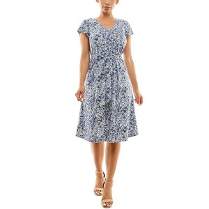 �j�i���I�i���h ���f�B�[�X �g�b�v�X �����s�[�X �L���b�v Women's Nina Leonard Cap Sleeve Self Sash Dress Blue Multi �u���[
