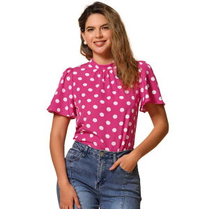 �A���O�� �P�[ ���f�B�[�X �g�b�v�X �V���c �h�b�g �u���E�X ALLEGRA K Women's Polka Dots Blouse Stand Collar Pleat Keyhole Back Short Flare Sleeve Tops Hot Pink �s���N