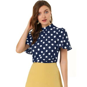 �A���O�� �P�[ ���f�B�[�X �g�b�v�X �V���c �h�b�g �u���E�X ALLEGRA K Women's Polka Dots Blouse Stand Collar Pleat Keyhole Back Short Flare Sleeve Tops Navy Blue �l�C�r�[