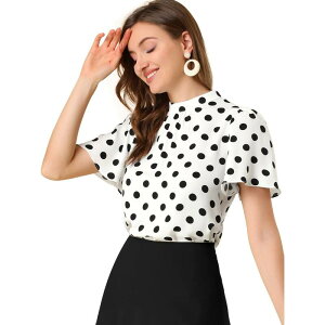 �A���O�� �P�[ ���f�B�[�X �g�b�v�X �V���c �h�b�g �u���E�X ALLEGRA K Women's Polka Dots Blouse Stand Collar Pleat Keyhole Back Short Flare Sleeve Tops White Black �z���C�g