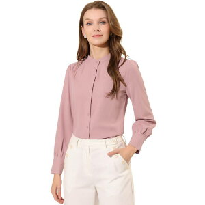 �A���O�� �P�[ ���f�B�[�X �g�b�v�X �V���c �{�^���_�E�� ALLEGRA K Women'stand Collar Button Down Long Sleeve Shirts Pink �s���N